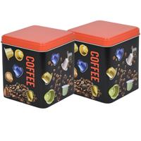 Excellent Houseware Koffie cupjes bewaarblik - 2x - zwart - cupjes en bonen print - 10 x 10 x 12 cm