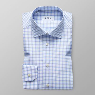 Eton Heren Overhemd Lichtblauw Geruit Stretch Twill Slim Fit
