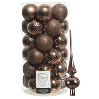 37x stuks kunststof kerstballen 6 cm incl. glazen piek walnoot bruin