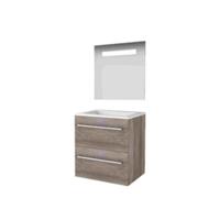 Basic-Line Economic 46 Badkamermeubelset - 60 x 46 cm - Met Grepen - 2 Lades - Acryl Wastafel - 1 Kraangat - Spiegel met LED Verlichting - Scotch Oak