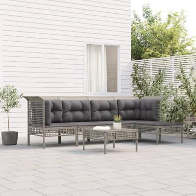 6-delige Loungeset met kussens poly rattan grijs