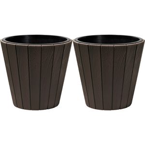 Prosperplast Plantenpot/bloempot Wood Style - 2x - buiten/binnen - kunststof - donkerbruin - D30 x H28 cm - Plantenpotte