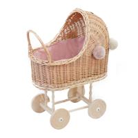 Rieten poppenwagen Noortje - Naturel met roze bies & pompons