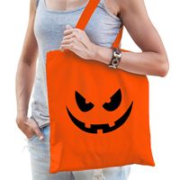 Pompoen gezicht halloween trick or treat katoenen tas/ snoep tas oranje - thumbnail