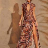 Bon&Bon Abstract Butterfly Mesh Midi Dress - Boho Cut Out High Slit Multicolor / M