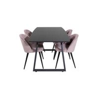 IncaBLBL eethoek eetkamertafel uitschuifbare tafel lengte cm 160 / 200 zwart en 4 Velvet eetkamerstal fluweel roze, - thumbnail