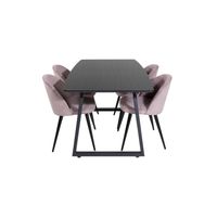 IncaBLBL eethoek eetkamertafel uitschuifbare tafel lengte cm 160 / 200 zwart en 4 Velvet eetkamerstal fluweel roze,