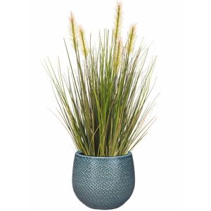 Emerald Kunstplant - groen gras 45 cm - blauw bloempot keramiek - Kunstplanten