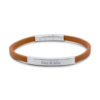 Graveerbare eigen tekst leren mannen armband cognac - Stainless steel ZILVER - Zilver