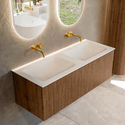 Mondiaz KURVE 120 cm Onderkast Greeploos 1 Lade Zonder Deuren Walnut, Wastafel Solid Surface Dubbel Talc 0 Kraangaten Zonder Spiegel (KRVCLO1201L0D0KD-Wal/Tal)