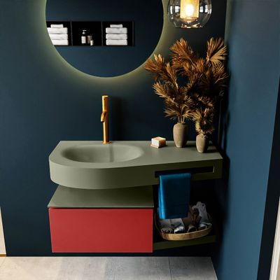 MONDIAZ RIVA 100cm badmeubel onderkast / planchet kleur Fire met 1 lade. Wastafel DULCET links 1 kraangat kleur Army.