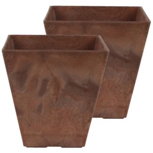 Set van 2x stuks bloempot/plantenpot vierkant van gerecycled kunststof terra bruin D20 en H20 cm