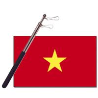 Landen vlag Vietnam - 90 x 150 cm - met compacte draagbare telescoop vlaggenstok - supporters - thumbnail