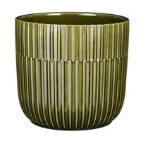 Plantenpot/bloempot keramiek glans donkergroen stripes patroon - D17.5/H16 cm