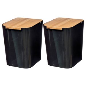 Prullenbak/vuilnisbak - 2x stuks - 5 liter - bamboe - zwart/lichtbruin - 24 x 19 cm - badkamer