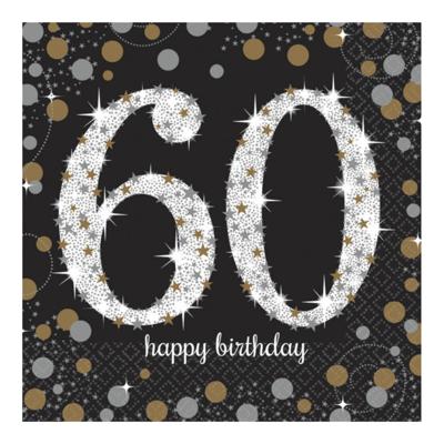 Servetten 60 jaar - 16x stuks - zwart - 33 x 33 cm - confetti - luxe - verjaardag