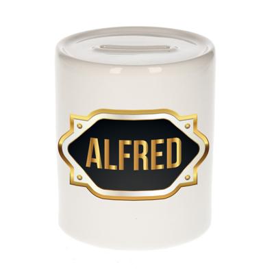 Spaarpot met voornaam Alfred - wit - goud/zwart embleem - 8 x 9 cm - keramiek - afsluitdop