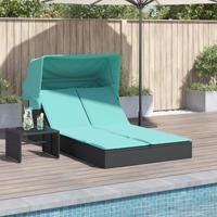 Dubbele ligstoel met luifel en kussens, zwart polyrotan