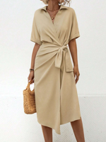 Women's Short Sleeve Summer Khaki Plain Knot Front Shirt Collar Daily Elegant Midi Dress - thumbnail