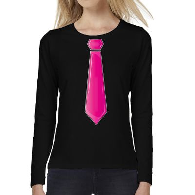 Verkleed shirt voor dames - stropdas roze - zwart - carnaval - foute party - longsleeve Verkleed shirt voor dames - stropdas roze - zwart - carnaval - foute party - longsleeve