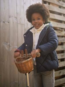 Donsjack met capuchon voor meisjes met sherpa voering marineblauw