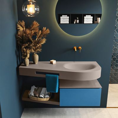 MONDIAZ RIVA 120cm badmeubel onderkast / planchet kleur Jeans met 1 lade. Wastafel DULCET rechts 0 kraangaten kleur Smoke.