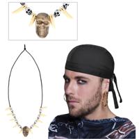 Verkleed set Piraat - gouden oorbellen - skulls piraten ketting - bandana zwart - Volwassenen