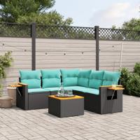 6-delige Loungeset met kussens poly rattan zwart