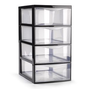 Ladeblokje/bureau organizer met 4x lades - transparant/zwart - L18 x B25 x H33 cm - plastic