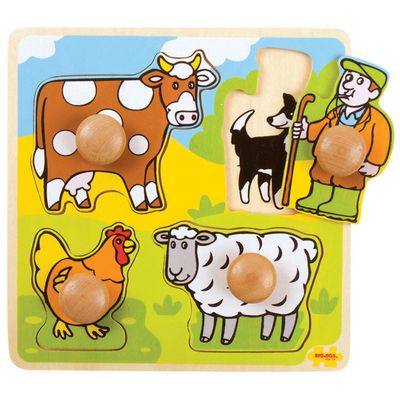Bigjigs houten noppenpuzzel boerderij, 4dlg.