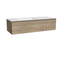 Storke Edge zwevend badmeubel 140 x 52 cm ruw eiken met Mata asymmetrisch linkse wastafel in solid surface mat wit - thumbnail