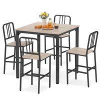 Eettafel met 4 Stoelen Hoge Keukentafel en 4 Barkrukken met Stevig Metalen Frame-Grijs