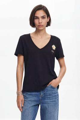 V-hals T-shirt met bloemendessin - BLACK - L