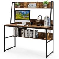 Bureau met Plank Computertafel van Hout met Metalen Frame en Verstelbare Voetpads Werktafel met Open Boekenkast (Koffie)