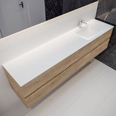 Mondiaz Vica Cloud badmeubel eiken licht 200 cm 4 lades solid surface enkele spoelbak rechts 1 kraangat