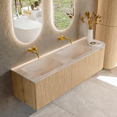 Badmeubel Mondiaz Kurve-Dlux | 155 cm | Meubelkleur Oak | Wastafelkleur Meli | Solid surface | Dubbel / Links spoelbak | Zonder kraangat(en)