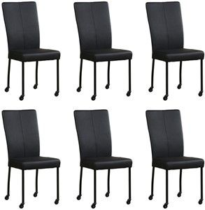 Set van 6 Zwarte leren moderne eetkamerstoelen Deal - poot vierkant zwart met wiel - Toledo Leer Nero (zwart leer)