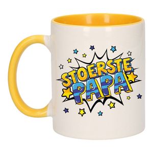 Stoerste papa cadeau mok / beker wit en geel met sterren 300 ml - feest mokken