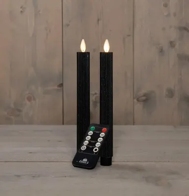 Anna&apos;s Collection LED dinerkaars flame effect ribbel 23 cm zwart 2 stuks