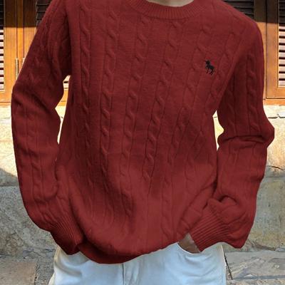 Bon&Bon Women's Navy Blue Polo Collar Cable-Knit Embroidered Sweater Red / L