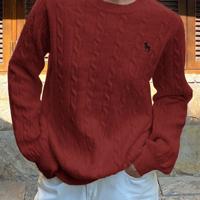 Bon&Bon Women's Navy Blue Polo Collar Cable-Knit Embroidered Sweater Red / L