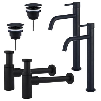 Fortifura Calvi Slim Wastafelkraanset - voor dubbele wastafel - verhoogde wastafelkraan - always open plug - design sifon - Mat zwart 2x SW377836/2x SW696205/2x SW696210