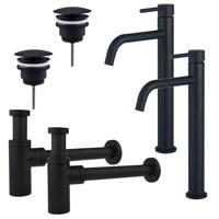 Fortifura Calvi Slim Wastafelkraanset - voor dubbele wastafel - verhoogde wastafelkraan - always open plug - design sifon - Mat zwart 2x SW377836/2x SW696205/2x SW696210