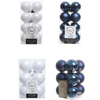 Kerstversiering kunststof kerstballen mix donkerblauw/winter wit 4 en 6 cm pakket van 80x stuks