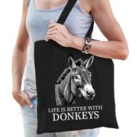 Cadeau tas voor boerderijdierenliefhebber - ezels - zwart - katoen - 42 x 38 cm Cadeau tas voor boerderijdierenliefhebber - ezels - zwart - katoen - 42 x 38 cm