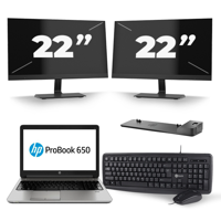 HP ProBook 650 G2 - Intel Core i5-6e Generatie - 15 inch - 8GB RAM - 240GB SSD - Windows 11 + 2x 22 inch Monitor