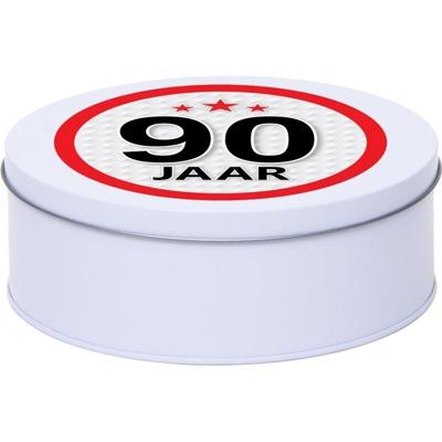 Leeftijd Snoeptrommel - koektrommel Cadeau - wit - rond blik - met 90 jaar sticker
