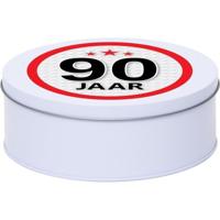 Leeftijd Snoeptrommel - koektrommel Cadeau - wit - rond blik - met 90 jaar sticker