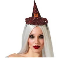 Halloween heksenhoed - mini hoedje op diadeem - one size - zwart/donkerrood - meisjes/dames