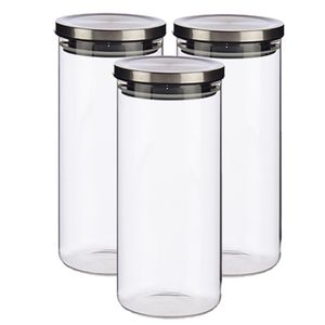 Set van 3x stuks glazen luxe keuken voorraadpotten/voorraadbussen met deksel zilver 1380 ml